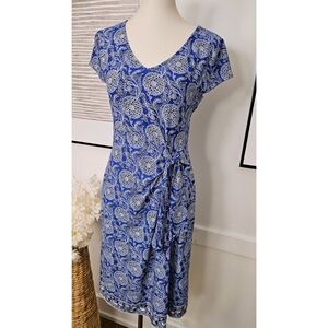 Talbots Blue Chrysanthemum Border Effortless Jersey Side Tie Shift Sheath Dress
